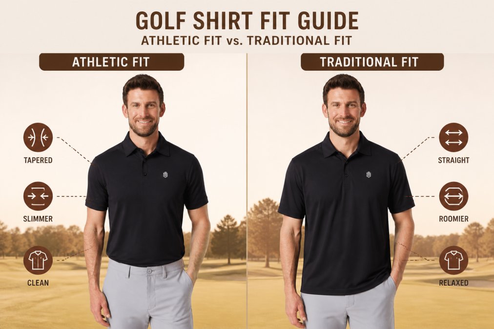 Two male golfers standing side by side on a sunlit fairway, one in a slim athletic-fit performance polo with a clean tapered silhouette, the other in a looser traditional polo, showing the contrast in fit and drape