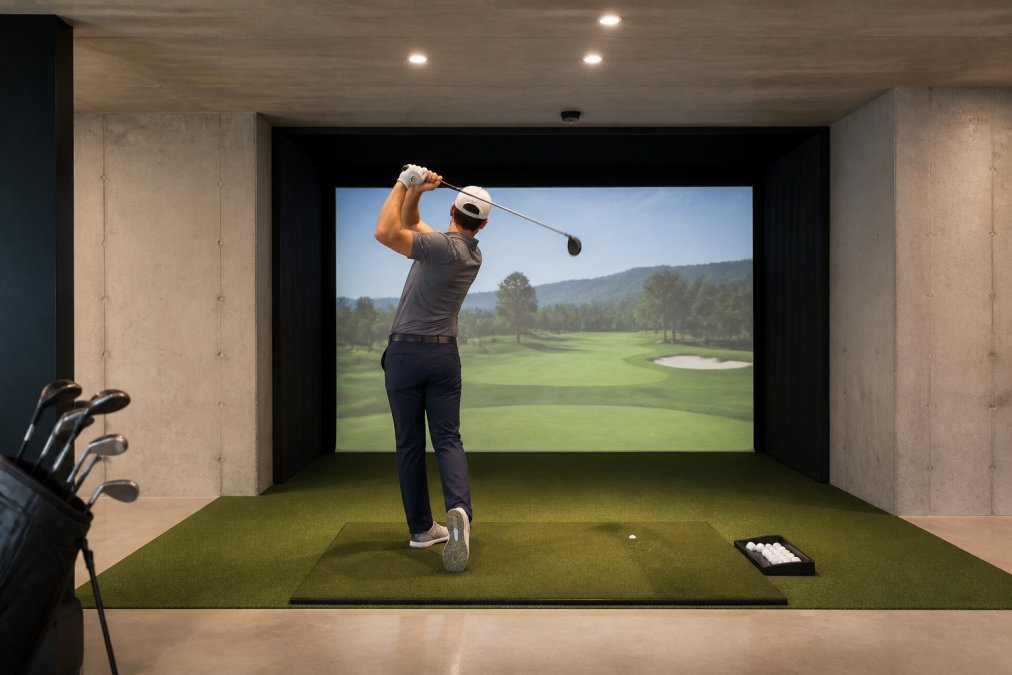 Professional illustration showing golf simulator for 10 foot ceilings