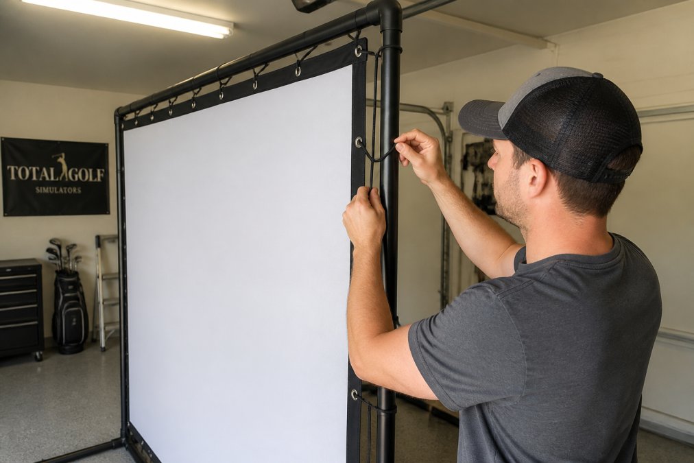 Person attaching bungee cords to impact screen material on a home garage golf simulator frame