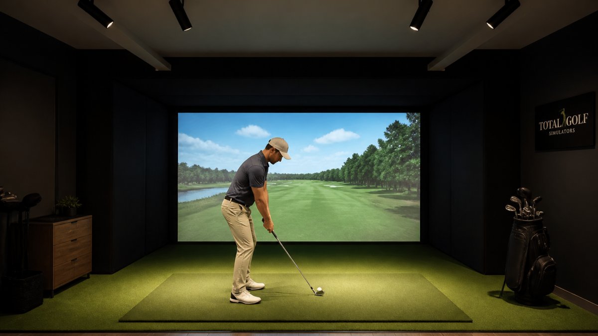Golfer standing at address under adjustable track lighting in a home golf simulator room