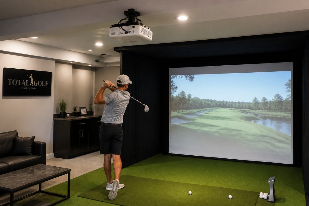 Diagram illustrating ceiling projector placement and clearance for a golf simulator hitting area