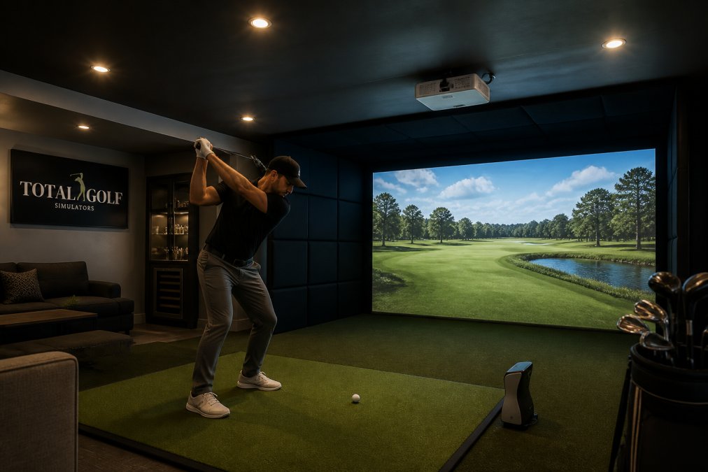 Golfer preparing to swing in a basement room with a bright golf simulator projector casting onto a screen