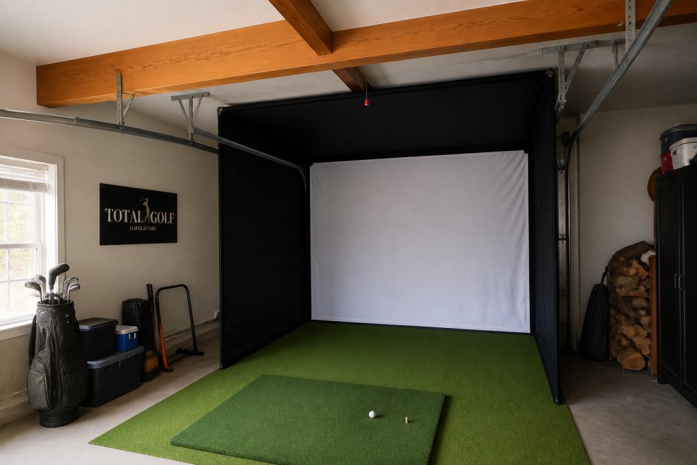 Diagram showing garage installation clearance for golf simulator enclosures around tracks and ceiling beams