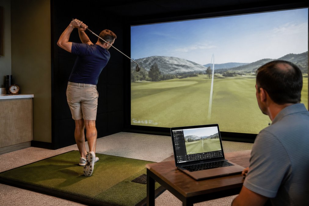 Diagram illustrating the ideal golf simulator software setup for maximum safety and hitting accuracy