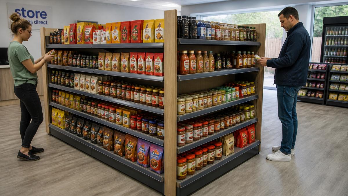 A shop floor with a freestanding double-sided wood-effect gondola shelving bay stocked with products, shoppers browsing both sides in a bright convenience store