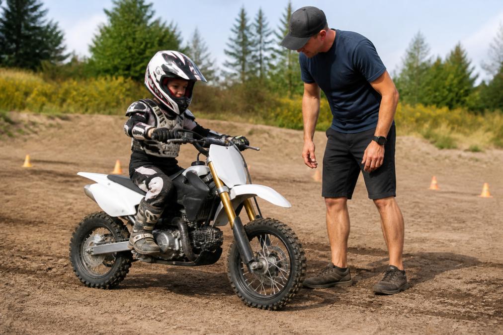 A young child wearing full protective gear (helmet, chest protector, knee braces, riding boots) sitting on a small 50cc four-stroke dirt bike in a flat training area, with an adult instructor standing nearby observing body positioning and throttle control technique