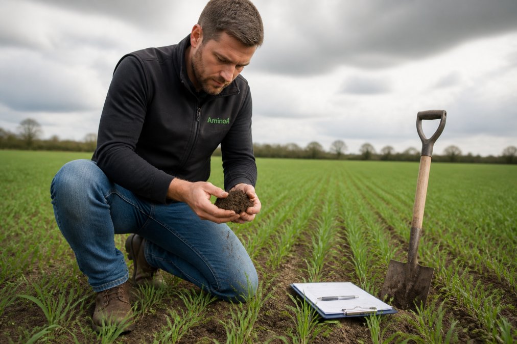 An agronomist kneeling in a field of young wheat, holding a handful of dark crumbly soil and examining it closely, with a clipboard and spade resting on the ground beside him under an overcast sky
