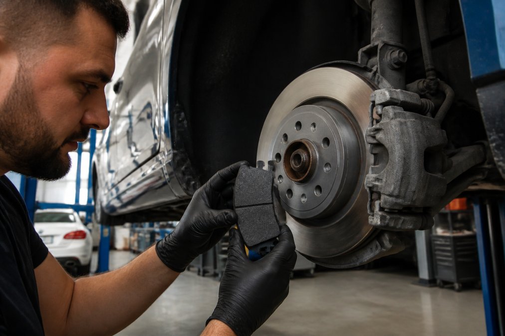 Mechanic holding good brand brake pads next to a rotor on a European car in a shop