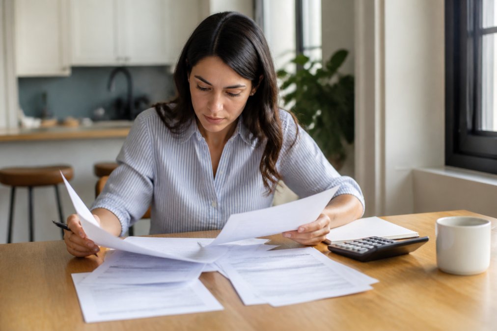First-time homebuyer sitting at a desk reviewing mortgage documents and credit reports with a laptop, looking focused and prepared