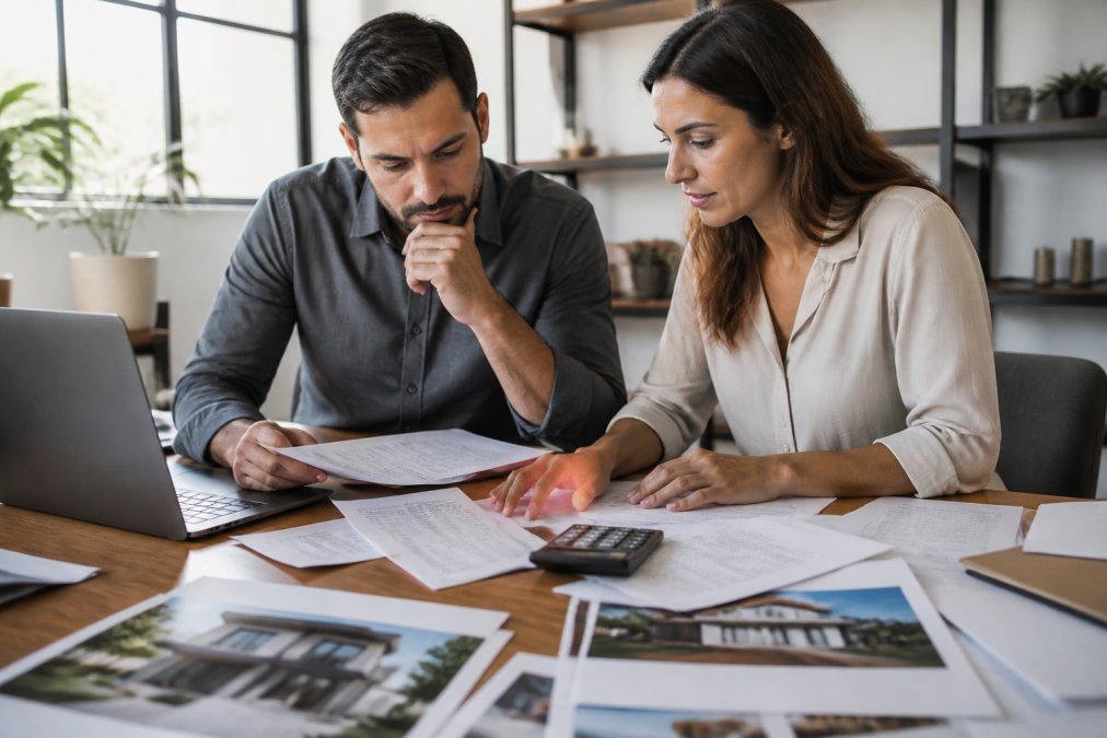 Real estate investor reviewing financial documents and property income statements at a desk with calculator, laptop, and property photos in bright office setting with natural light