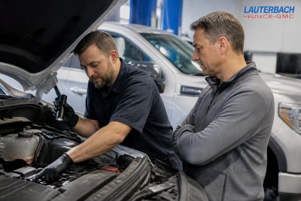 Certified technician performing mechanical inspection under the hood of a vehicle, checking engine components, fluid levels, and hoses with diagnostic tools in a professional service bay
