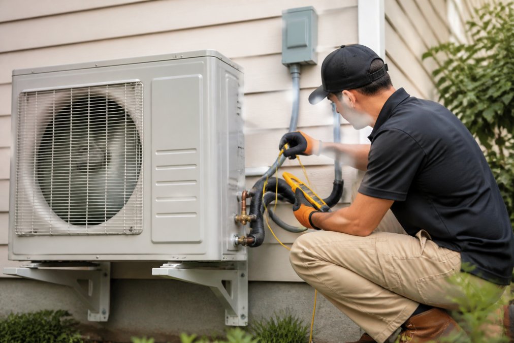 HVAC technician inspecting an outdoor AC unit to ensure a good SEER2 rating for residential cooling efficiency