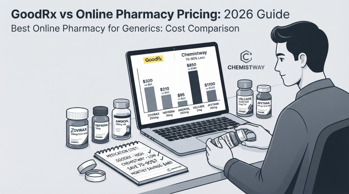 Person sitting at a desk with a laptop, reviewing prescription bottles and comparing prices on their screen, with a notepad showing cost calculations nearby