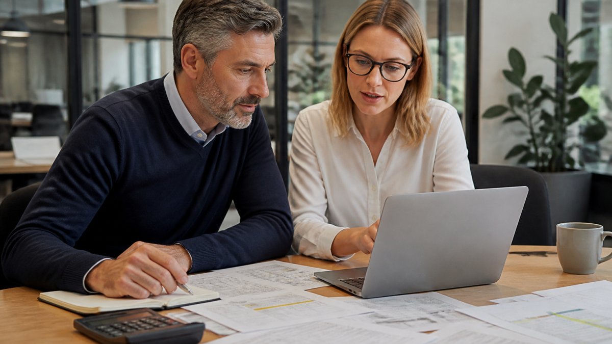 A marketing director and a consultant reviewing analytics dashboards together on a laptop in a bright modern office, printed tracking plan documents spread across the desk