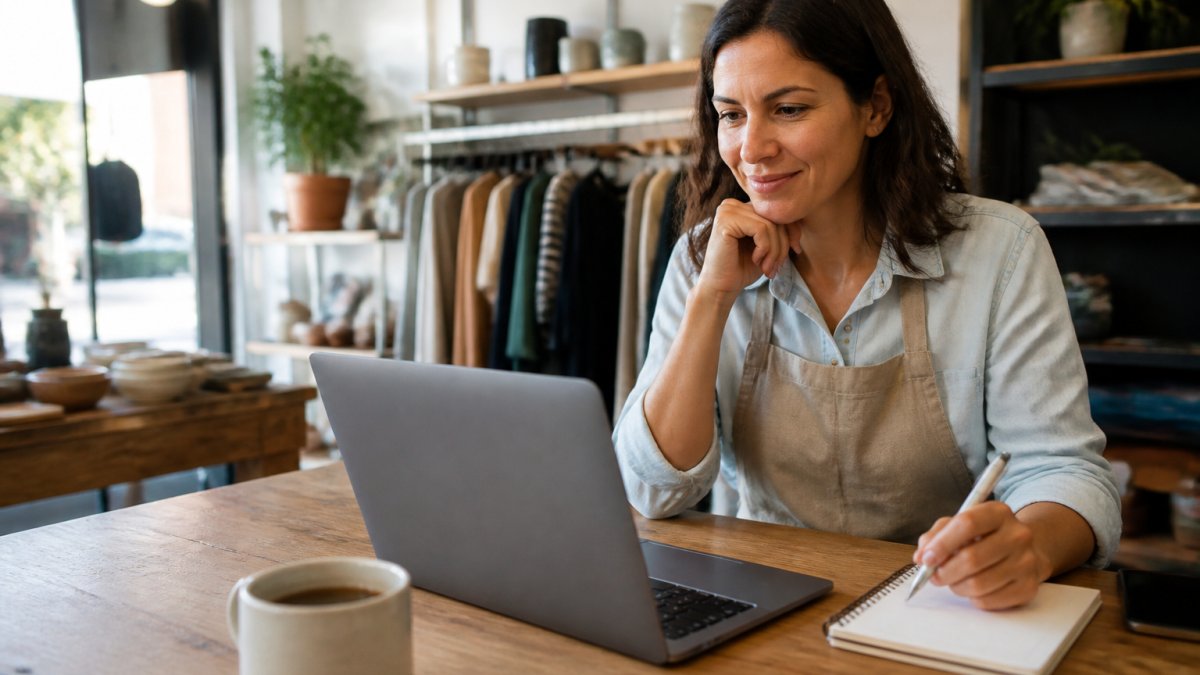 A small business owner sitting at a desk in a retail shop, reviewing their Google Business Profile on a laptop screen with a notepad and coffee nearby, warm natural light from a storefront window