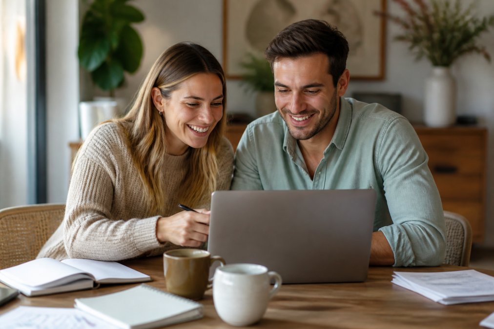 Engaged couple sitting together at a table, both looking at a laptop screen showing a shared Google Doc with wedding planning details, smiling and discussing