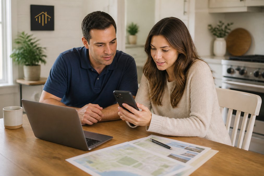 A real estate agent and a first-time buyer sitting at a kitchen table reviewing property listings on a smartphone, with a laptop and printed neighborhood maps nearby in a bright Ventura County home