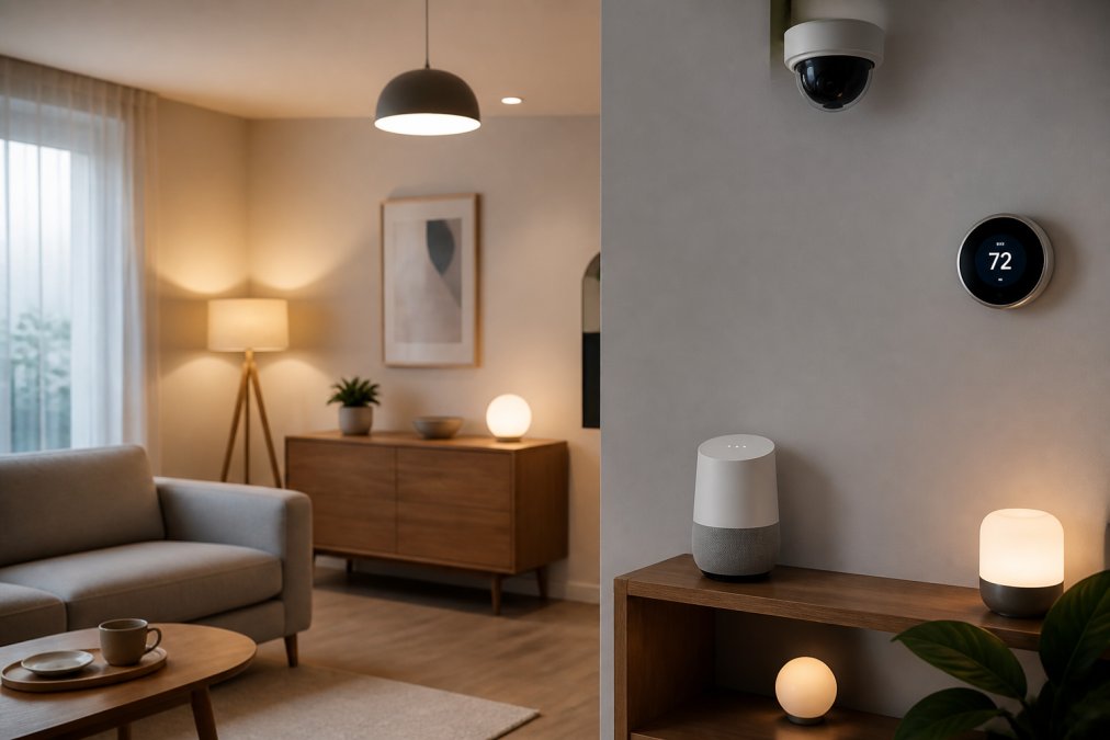 Modern living room with multiple smart home devices including Google Home speaker on a shelf, smart lights in various fixtures, a digital thermostat on the wall, and a security camera mounted in the corner, all interconnected with visible wireless signals