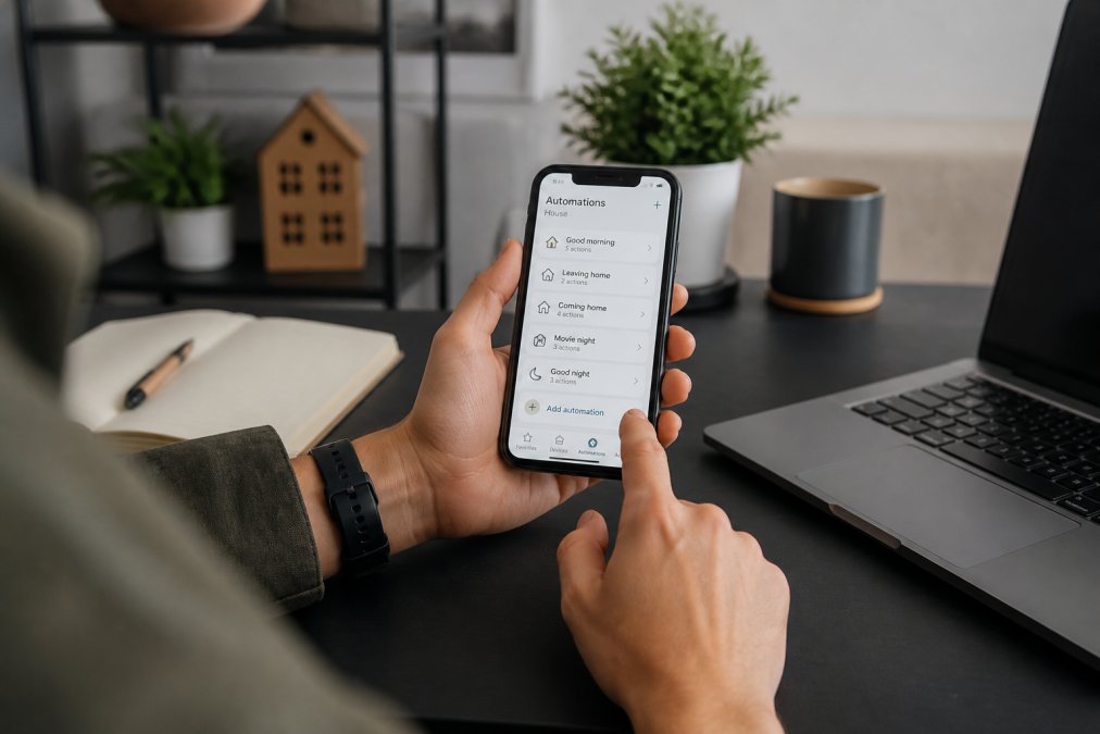 Close-up of hands holding a smartphone with the Google Home app open, displaying smart home automation routines and device controls with finger touching the screen to create a new routine