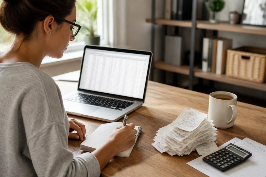 A small business owner at a tidy home desk with an open laptop showing a spreadsheet, a paper receipt stack and a coffee mug nearby, natural window light