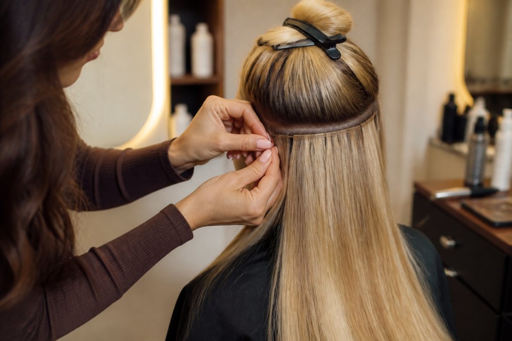 Professional stylist carefully installing ultra-thin Genius Weft extensions on a client in a modern salon with warm lighting, showing precise placement against the scalp for seamless blending