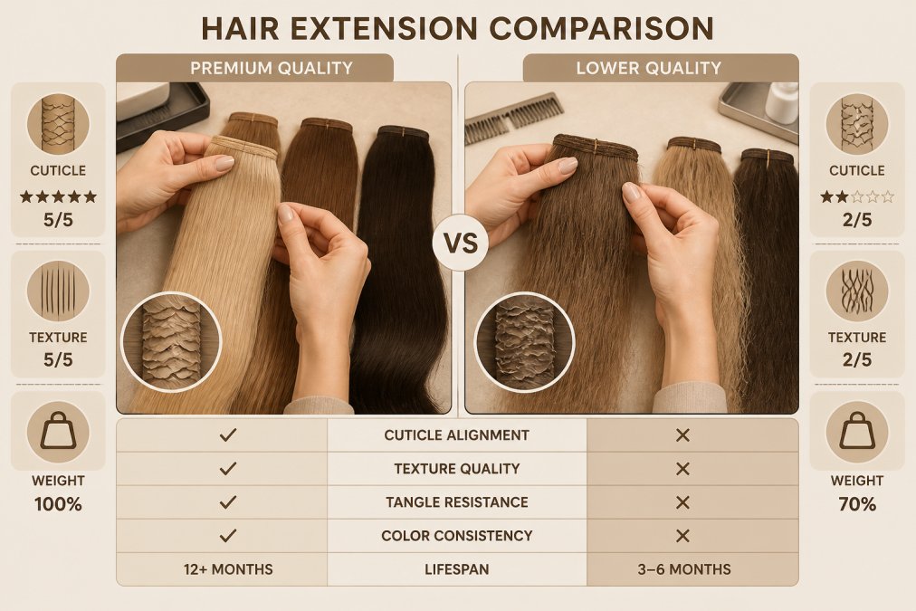 Close-up of hands examining and comparing different hair extension bundles side by side on a salon workstation, inspecting cuticle alignment and texture quality under professional lighting