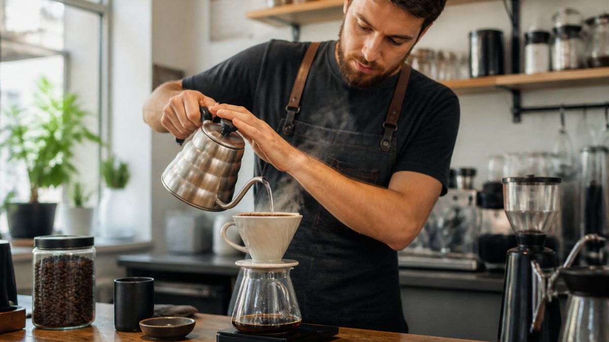 Professional barista pouring from a gooseneck kettle into a ceramic pour-over dripper with freshly ground coffee, steam rising, hands positioned for controlled pour in a bright coffee shop setting
