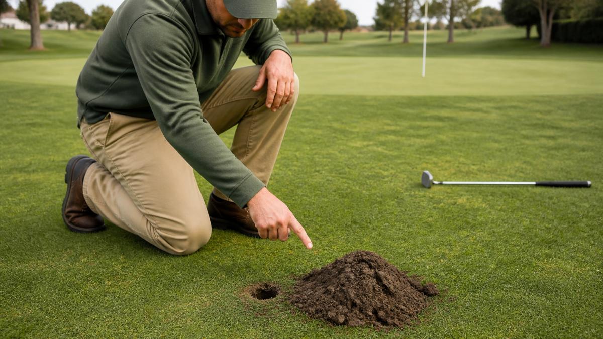 Golf course worker pointing at a fresh gopher mound to identify areas needing gopher control on a fairway.