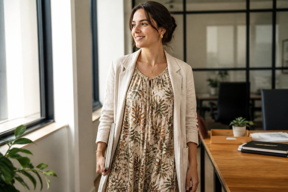 Woman wearing a nature-inspired printed peasant dress in soft earth tones, styled with neutral linen jacket and simple jewellery, photographed in natural daylight in a professional office setting