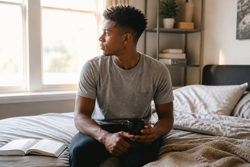 Young adult wearing faith-inspired t-shirt in casual home setting, styled with intentional simplicity, natural morning light through window, authentic everyday aesthetic