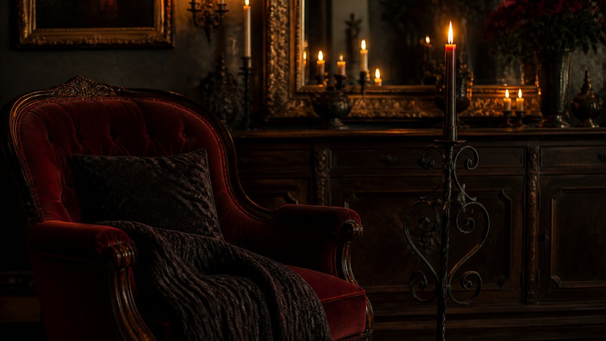Oxblood velvet armchair with a textured throw beside an iron candle stand and antique mirror in a dimly lit room.