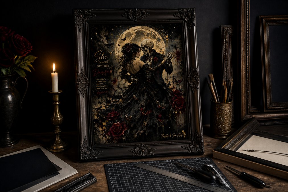 A close-up of a dark wooden ornate frame containing a gothic digital print with deep jewel tones, displayed on a dark wall with moody ambient lighting casting shadows