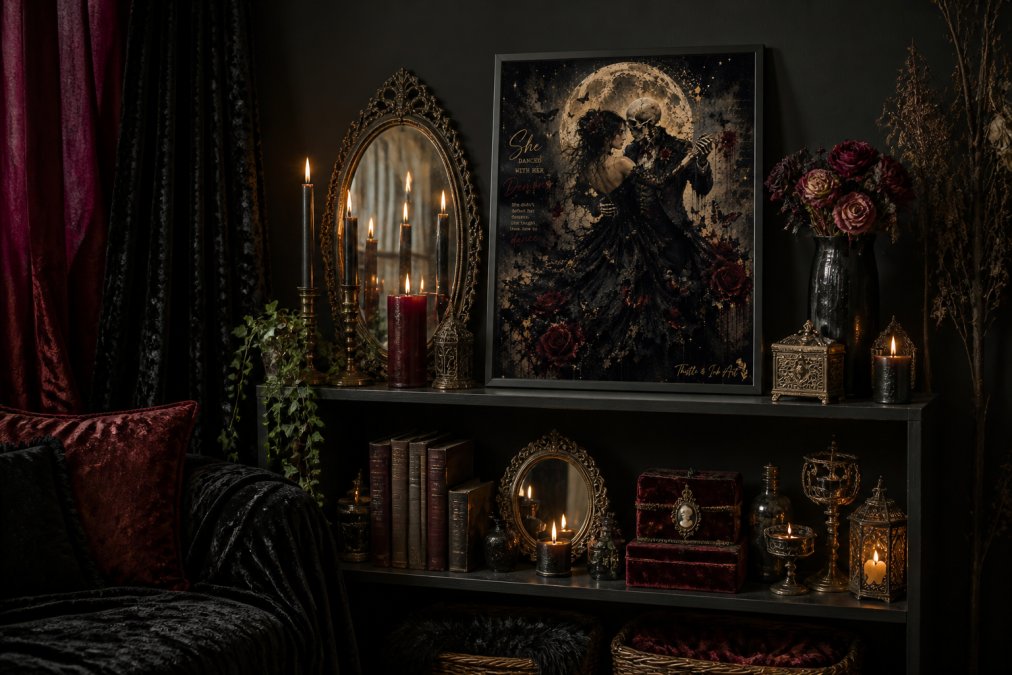 A styled gothic interior corner showing layered velvet fabrics, thrifted ornate mirrors, candlelight, and dark textured elements arranged together on shelving