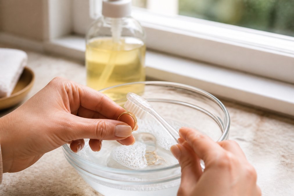 Handen voorzichtig een gouden ring schoonmakend met een zachte tandenborstel in een kom met lauwwarm water en mild sopje, natuurlijk licht van raam
