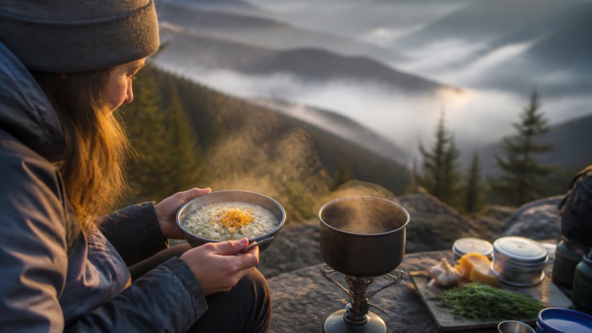 Hiker holding a steaming bowl of garlic herb grits with cheese over a camp stove in early morning light, with mountains visible in misty background and fresh ingredients arranged on a flat rock nearby