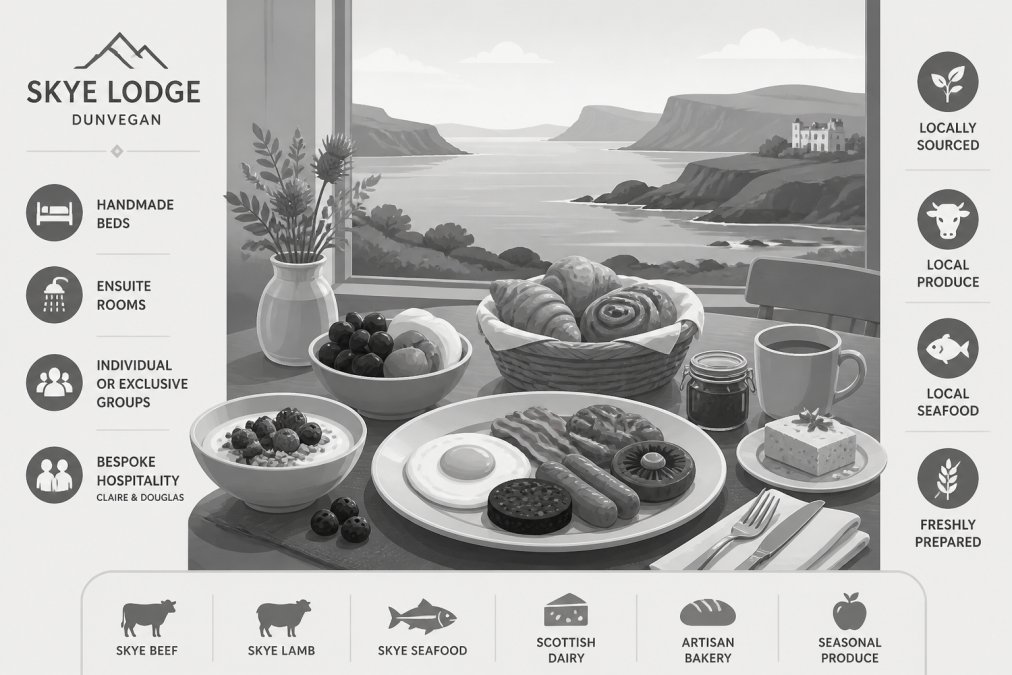 A beautifully plated gourmet breakfast spread on a dining table with fresh local produce, warm pastries, and views of the Scottish coastline through a window