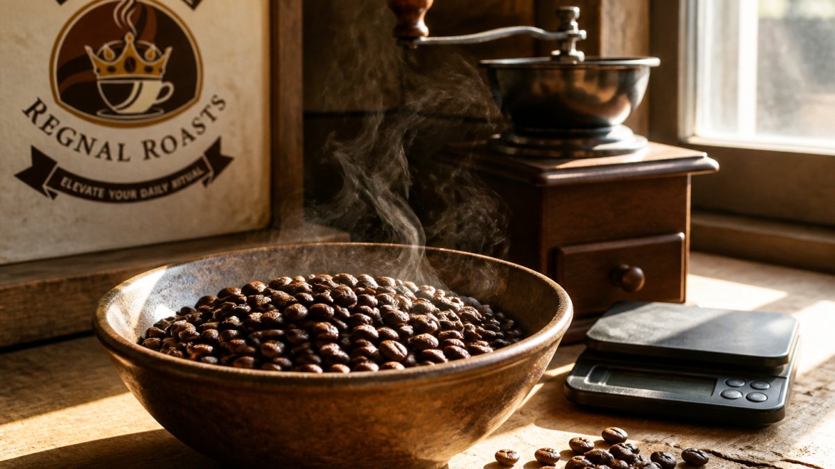Infographic showing the roasting process for fresh coffee beans beside a vintage grinder and scale on a wooden table