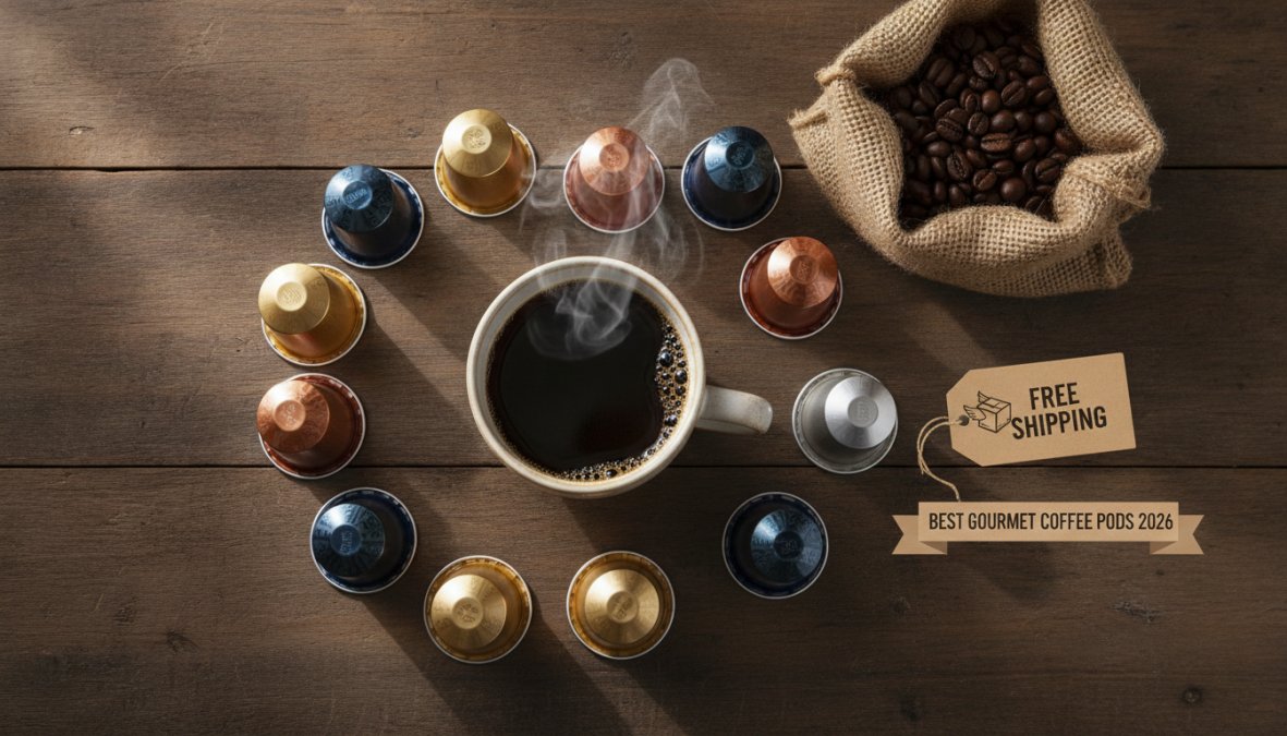 A flat-lay of several premium coffee pod capsules arranged on a wooden surface alongside a steaming cup of black coffee and a small bag of roasted coffee beans, warm natural light casting soft shadows