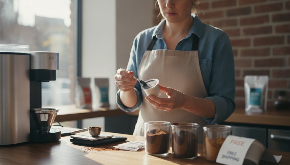 Close-up of a Keurig-style single-serve brewer dispensing fresh coffee into a white ceramic mug, steam rising visibly from the cup, a coffee pod package resting on the kitchen counter in soft morning light
