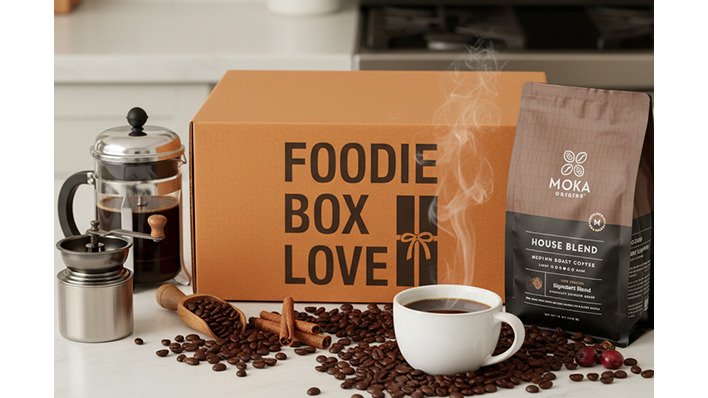 A person holding a burlap bag of fresh coffee beans next to a burlap sack filled with roasted beans, with a cup of black coffee on a wooden table nearby