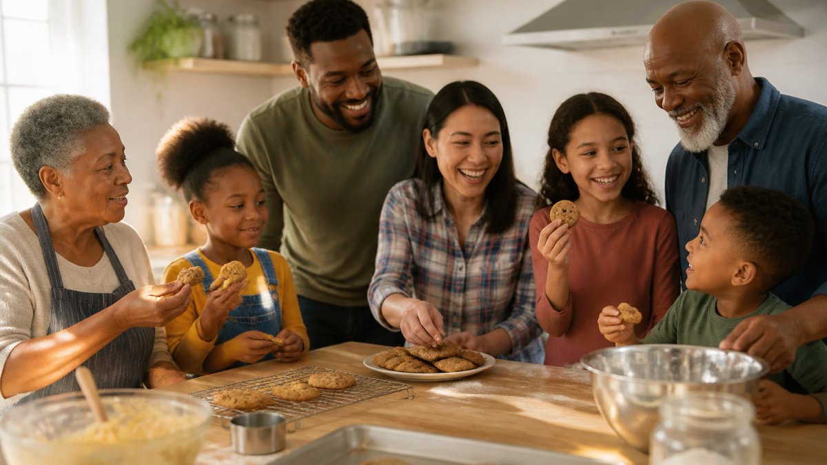 Diverse group of people, young and old, various ages and ethnicities including Black families, enjoying freshly baked cookies together in a warm home kitchen with Lura's cookies visible on the table, natural kitchen lighting