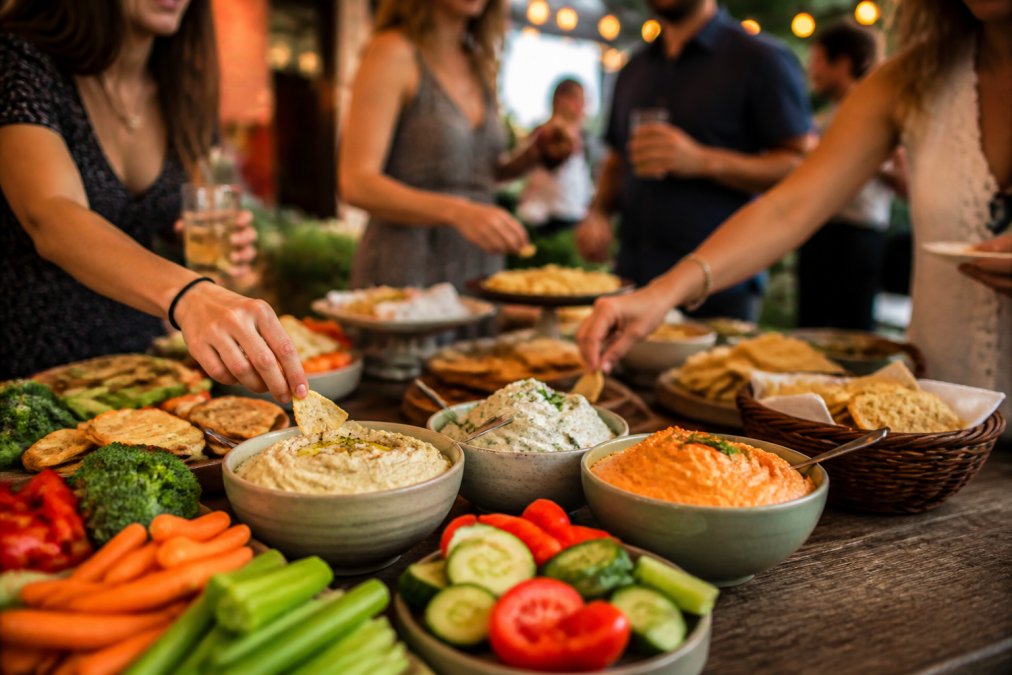 A party table set with multiple bowls of colorful dips surrounded by fresh vegetables, crackers, and chips, with guests in the background reaching for appetizers under warm string lights