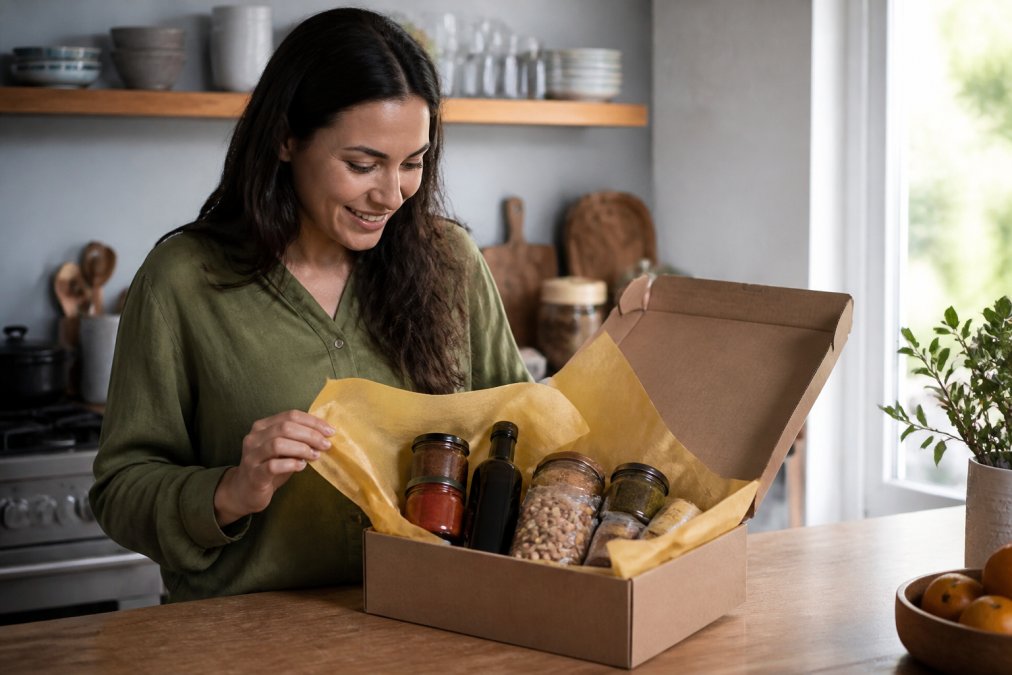 A person opening a beautifully packaged artisan food gift box on a kitchen counter, revealing jars of small-batch sauces, olive oil, and gourmet snacks nestled in tissue paper