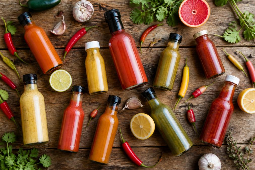 Overhead flat-lay of multiple gourmet hot sauce bottles arranged on a wooden table with fresh chili peppers, citrus slices, and herbs scattered around them, showing variety of bottle sizes and label colors