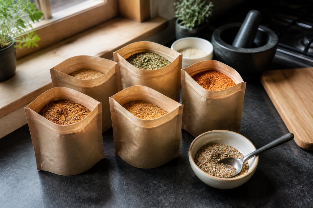 A home cook's kitchen counter with several open pouches of colourful seasoning blends, a spoon resting in a bowl of mixed spices, natural light from a window