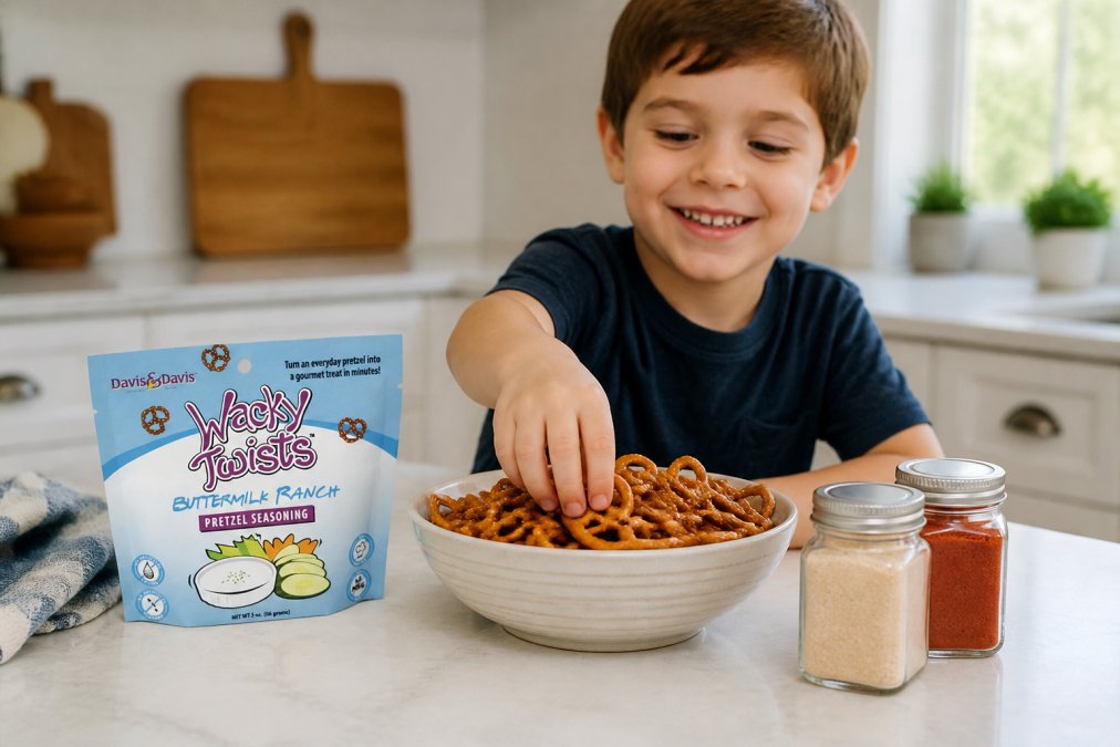 A smiling child reaching into a bowl of seasoned pretzel twists on a bright kitchen counter, with small spice jars including garlic powder and paprika visible nearby