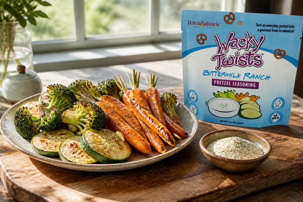 A colorful plate of roasted vegetables including whole carrots, broccoli florets, and sliced zucchini, lightly seasoned and arranged on a worn wooden cutting board with a small ceramic dish of seasoning blend beside it, warm natural light from a kitchen window