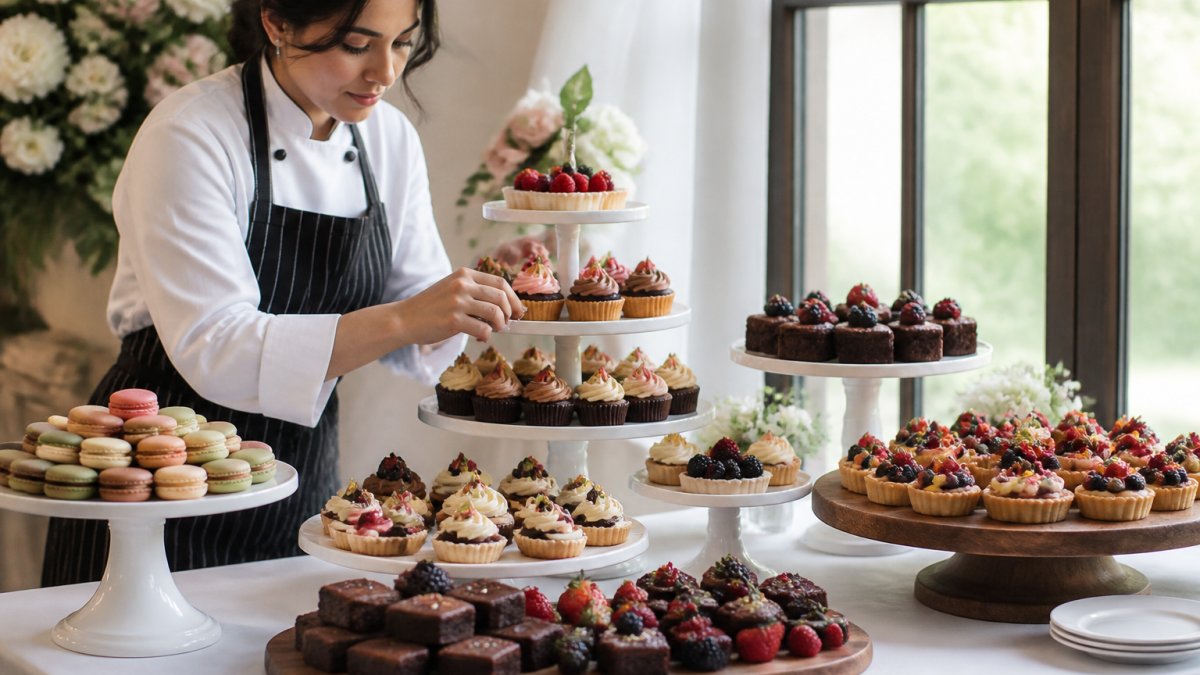 Professional pastry chef arranging an elegantly tiered dessert display with colorful vegan cupcakes, macarons, brownies, fresh berries, and artisan tarts on white cake stands and wooden serving boards in natural window lighting