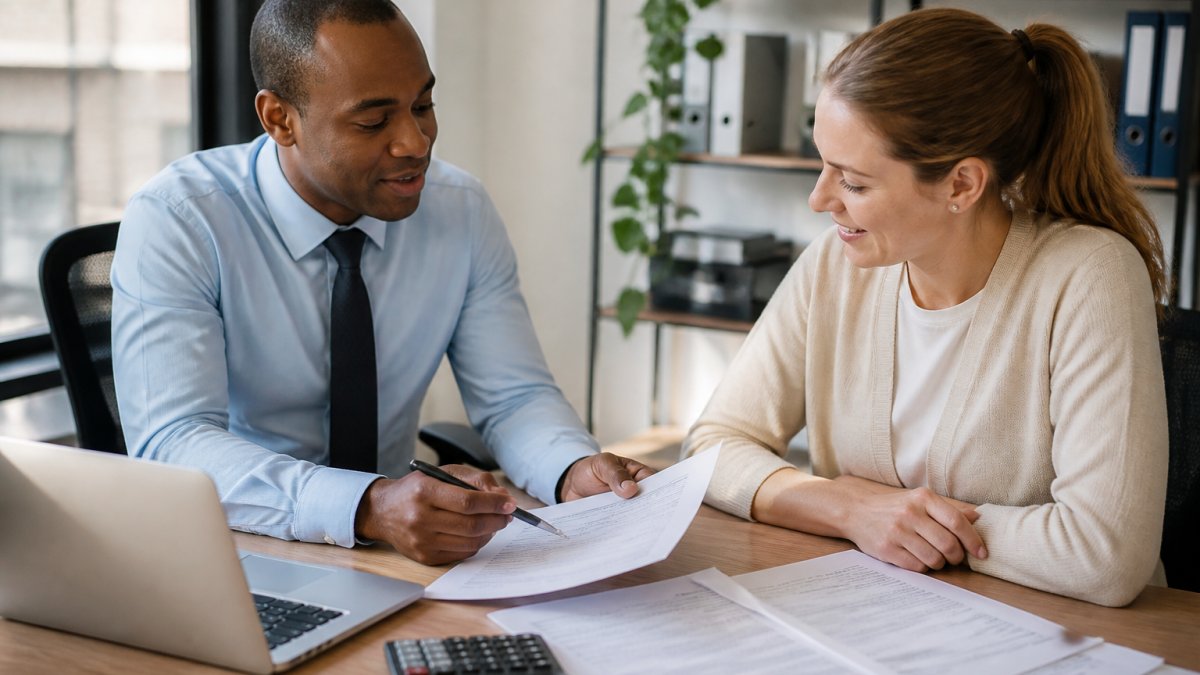 Loan officer reviewing paperwork with a homebuyer discussing a government-backed mortgage in a bright office