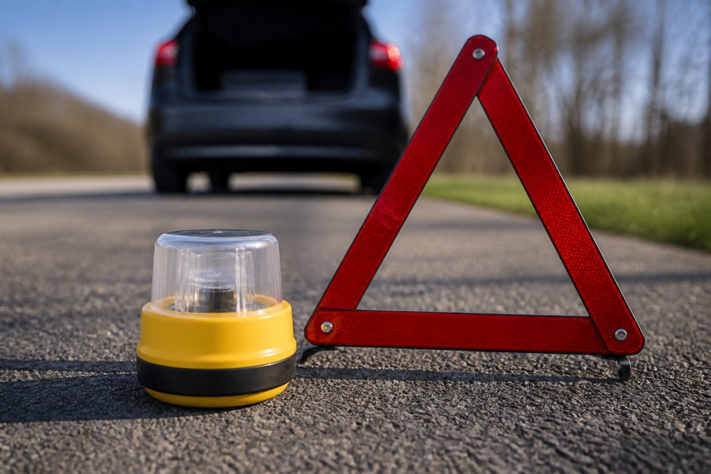 GPS Beacons for Safety: Benefits & How They Work A close-up of a modern GPS beacon device next to a reflective hazard triangle on a road surface, illustrating the contrast between traditional and advanced emergency roadside safety equipment